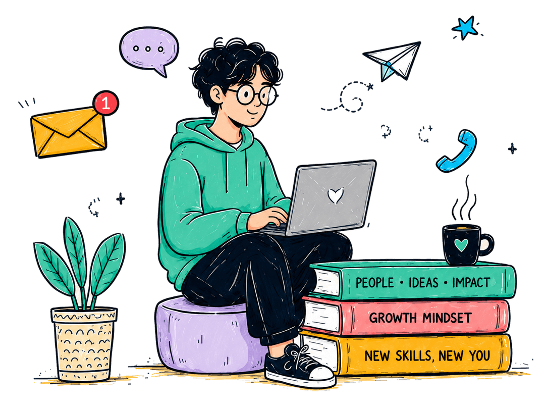 Person sitting on a stack of books working on a laptop