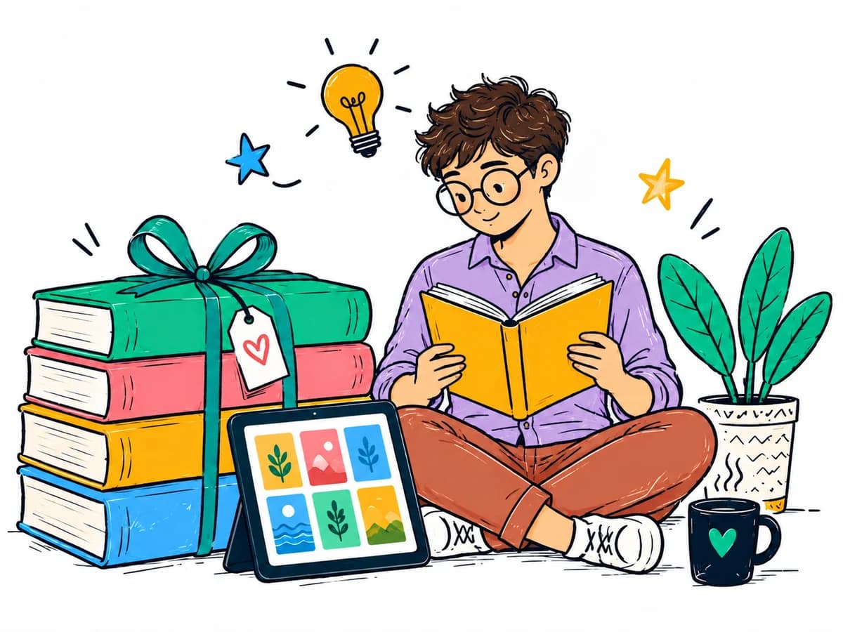 A reader beside a ribbon-tied bundle of colorful books and a tablet displaying an ebook library