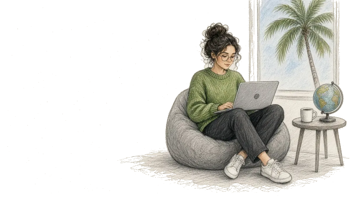 Sketch of a woman with round glasses and a green sweater using a laptop, surrounded by floating books, a light bulb, and a plant
