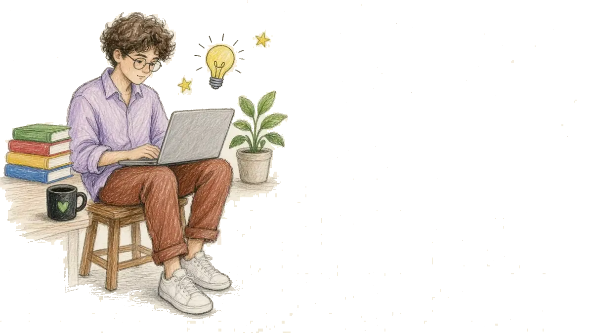 رسم لرجل مبتسم بشعر مجعّد ونظارات دائرية وقميص بنفسجي فاتح يتحدث في مكبّر صوت، مع صاروخ ومصباح ونجمة