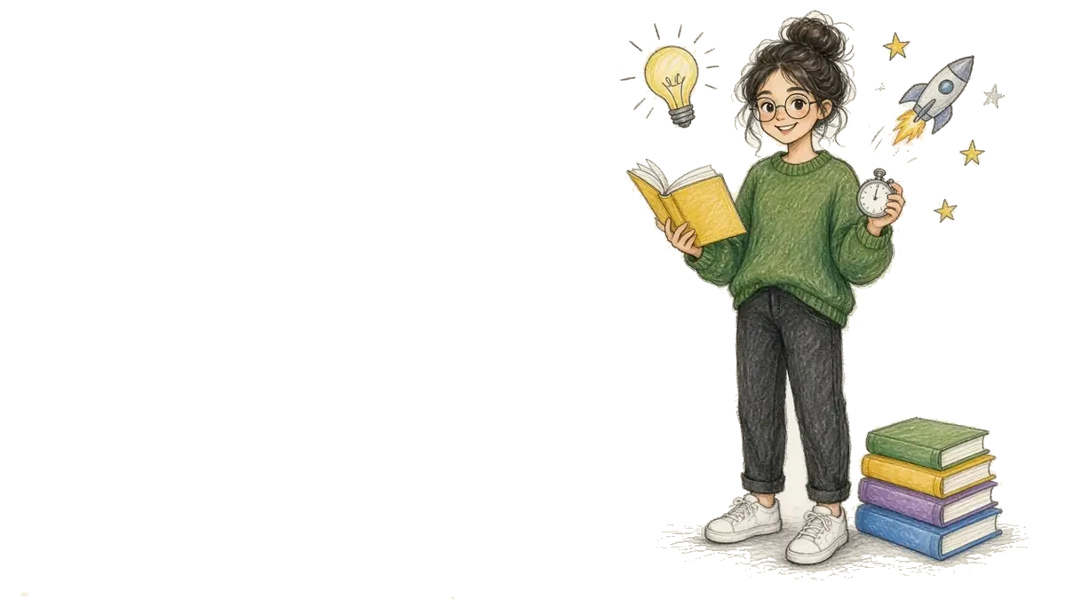 Sketch of a smiling woman with a messy bun, round glasses, and a green sweater speaking into a megaphone, with a rocket, light bulb, and star
