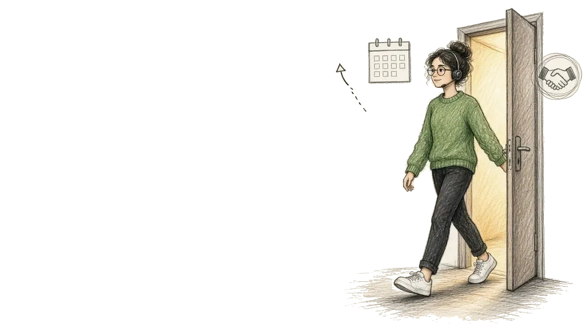 Sketch of a woman with round glasses and a green sweater reading a book beside a stack of books, a tablet, a plant, and a mug