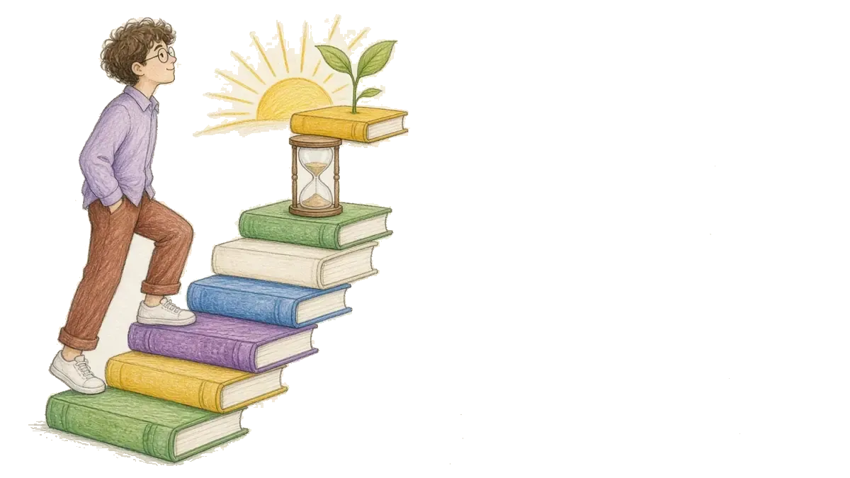 رسم لرجل بقميص بنفسجي فاتح يصعد درجًا من الكتب نحو شروق الشمس وساعة رملية ونبتة صغيرة