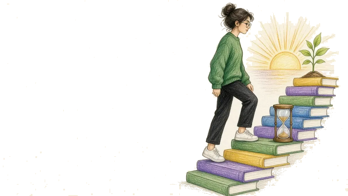 Sketch of a woman in a green sweater climbing a staircase of books toward a sunrise, an hourglass, and a small plant